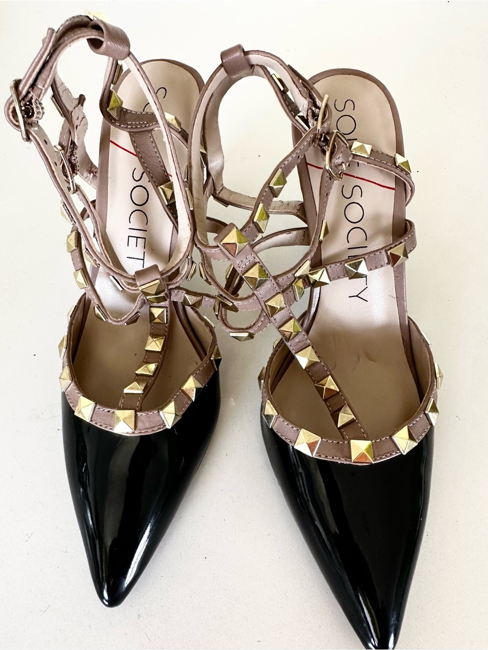 Sole Society Black Patent Pointed Toe Studded Strappy Flats with Taupe Trim